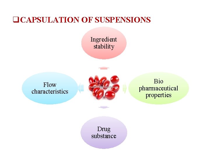 q. CAPSULATION OF SUSPENSIONS Ingredient stability Bio pharmaceutical properties Flow characteristics Drug substance 