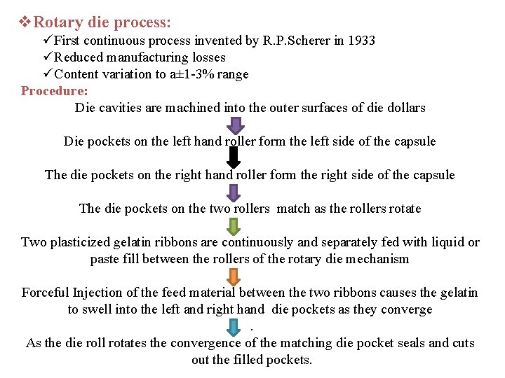 v. Rotary die process: üFirst continuous process invented by R. P. Scherer in 1933