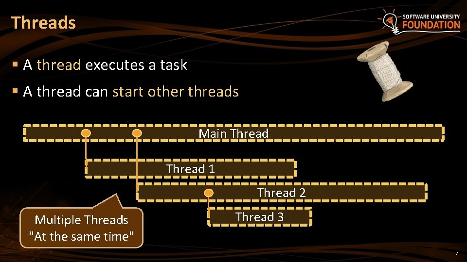 Threads § A thread executes a task § A thread can start other threads
