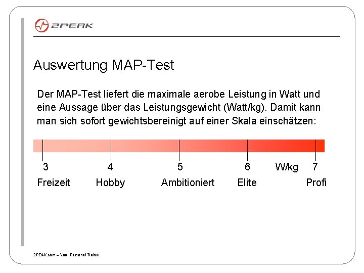 Auswertung MAP-Test Der MAP-Test liefert die maximale aerobe Leistung in Watt und eine Aussage
