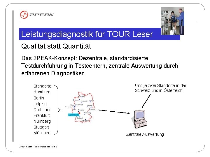 Leistungsdiagnostik für TOUR Leser Qualität statt Quantität Das 2 PEAK-Konzept: Dezentrale, standardisierte Testdurchführung in