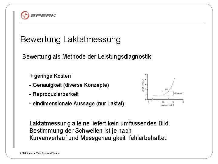 Bewertung Laktatmessung Bewertung als Methode der Leistungsdiagnostik + geringe Kosten - Genauigkeit (diverse Konzepte)