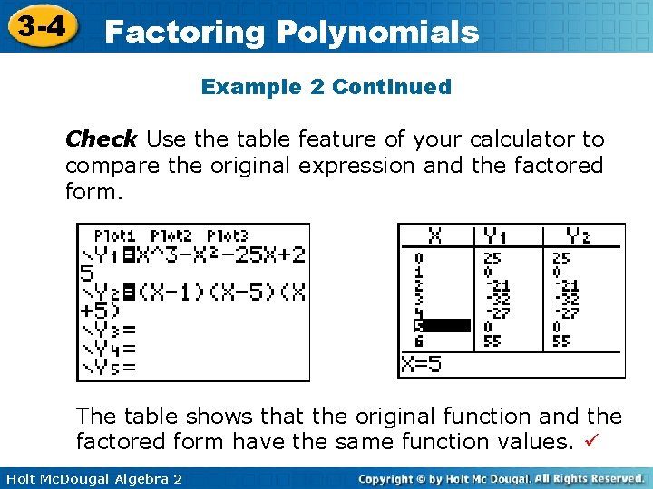 3 -4 Factoring Polynomials Example 2 Continued Check Use the table feature of your