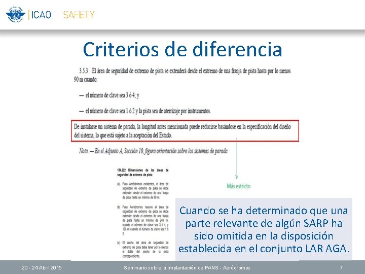 Criterios de diferencia Cuando se ha determinado que una parte relevante de algún SARP