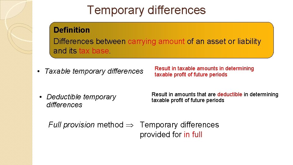 Temporary differences Definition Differences between carrying amount of an asset or liability and its