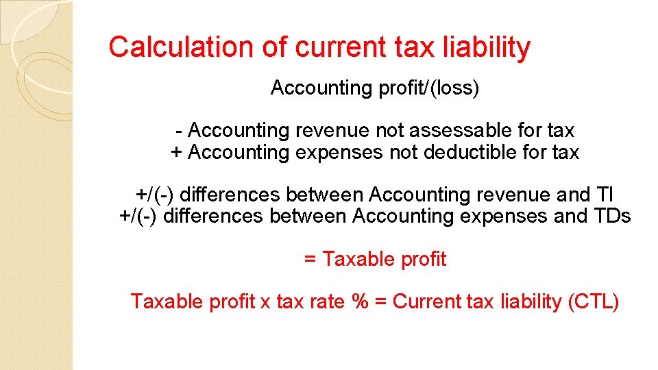 Calculation of current tax liability Accounting profit/(loss) - Accounting revenue not assessable for tax