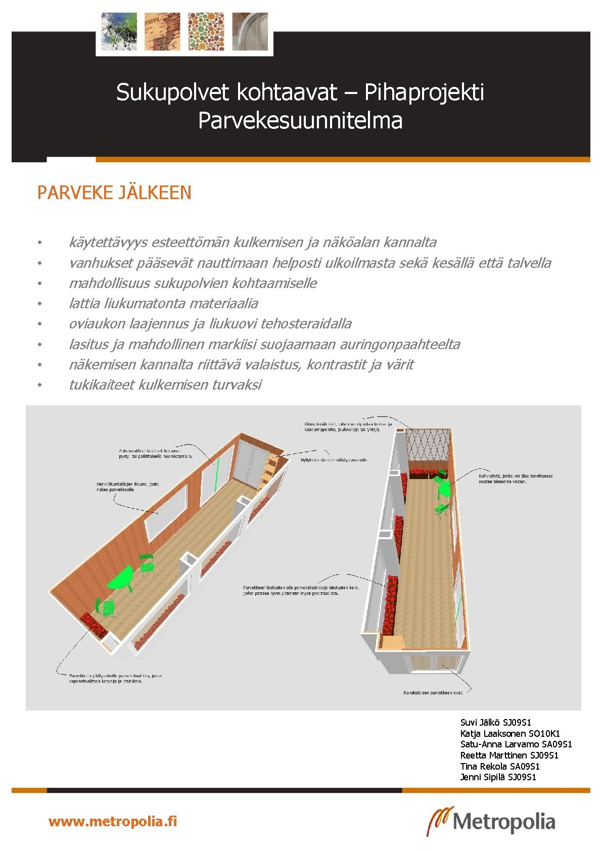 Sukupolvet kohtaavat – Pihaprojekti Parvekesuunnitelma PARVEKE JÄLKEEN • • käytettävyys esteettömän kulkemisen ja näköalan