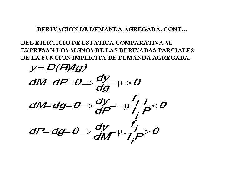 DERIVACION DE DEMANDA AGREGADA. CONT… DEL EJERCICIO DE ESTATICA COMPARATIVA SE EXPRESAN LOS SIGNOS