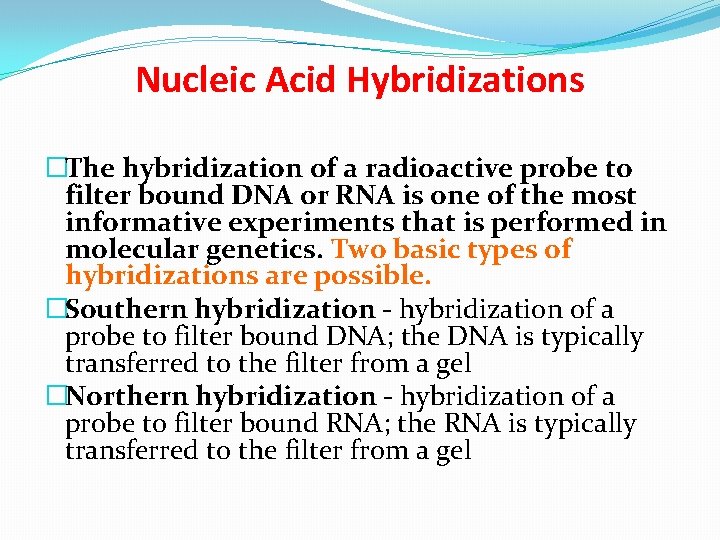 Nucleic Acid Hybridizations �The hybridization of a radioactive probe to filter bound DNA or