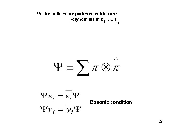 Vector indices are patterns, entries are polynomials in z , …, z 1 n