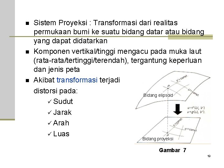 n n n Sistem Proyeksi : Transformasi dari realitas permukaan bumi ke suatu bidang