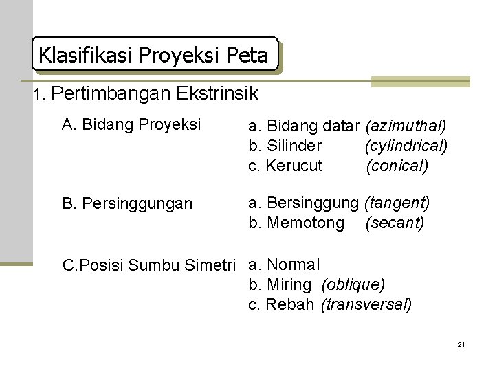 Klasifikasi Proyeksi Peta 1. Pertimbangan Ekstrinsik A. Bidang Proyeksi a. Bidang datar (azimuthal) b.
