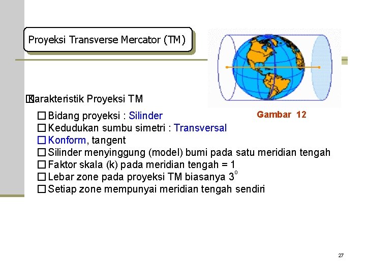 Proyeksi Transverse Mercator (TM) � Karakteristik Proyeksi TM Gambar 12 � Bidang proyeksi :