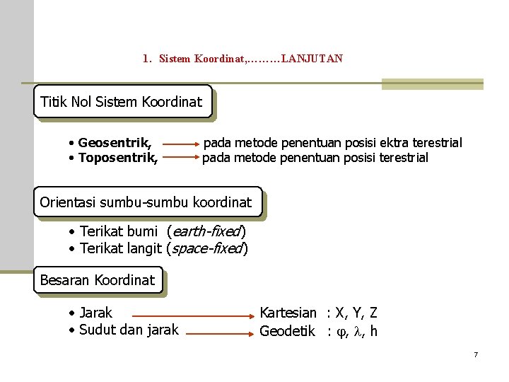 1. Sistem Koordinat, ………LANJUTAN Titik Nol Sistem Koordinat • Geosentrik, • Toposentrik, pada metode