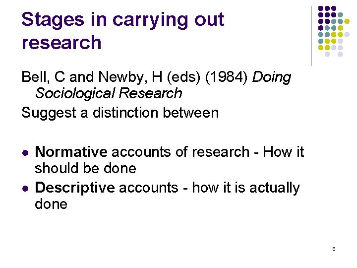 Stages in carrying out research Bell, C and Newby, H (eds) (1984) Doing Sociological