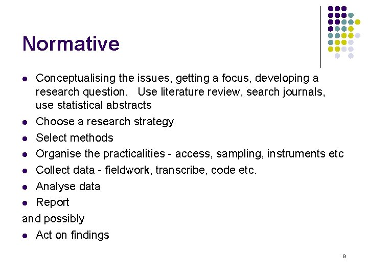 Normative Conceptualising the issues, getting a focus, developing a research question. Use literature review,