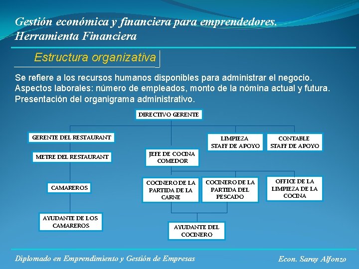 Gestión económica y financiera para emprendedores. Herramienta Financiera Estructura organizativa Se refiere a los