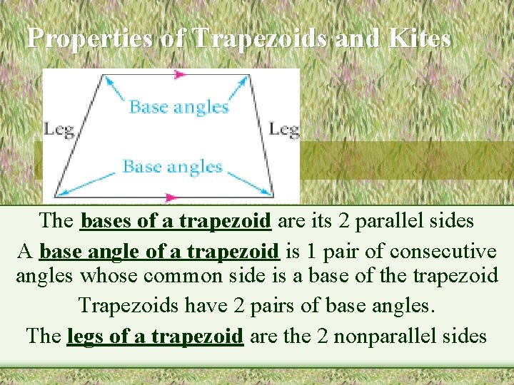 Properties of Trapezoids and Kites The bases of a trapezoid are its 2 parallel
