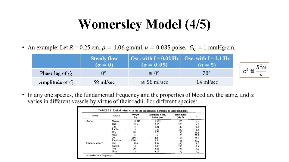 Womersley Model (4/5) • Phase lag of Q Amplitude of Q 58 ml/sec 