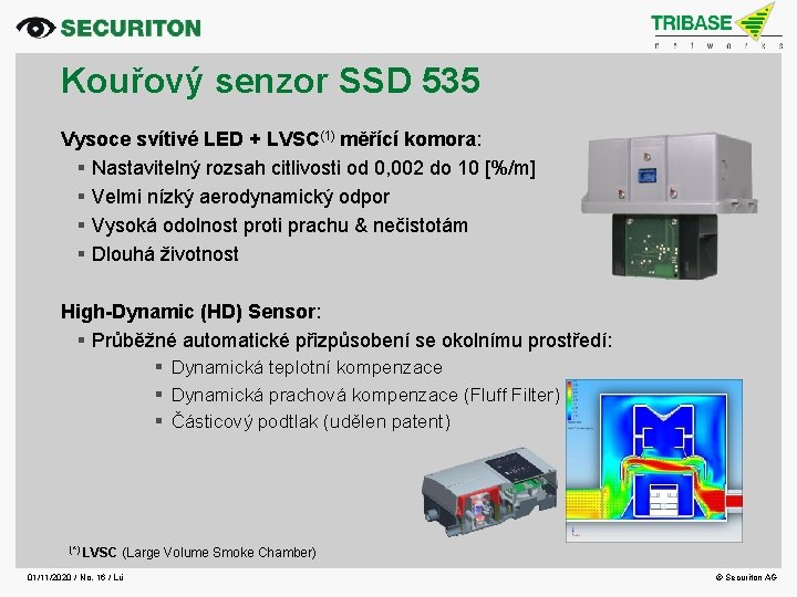 Kouřový senzor SSD 535 Vysoce svítivé LED + LVSC(1) měřící komora: Nastavitelný rozsah citlivosti