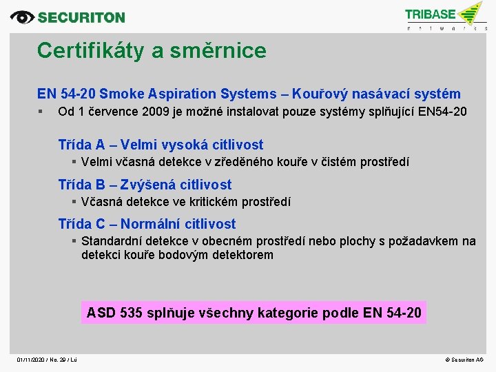 Certifikáty a směrnice EN 54 -20 Smoke Aspiration Systems – Kouřový nasávací systém Od