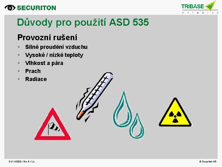 Důvody pro použití ASD 535 Provozní rušení Silné proudění vzduchu Vysoké / nízké teploty