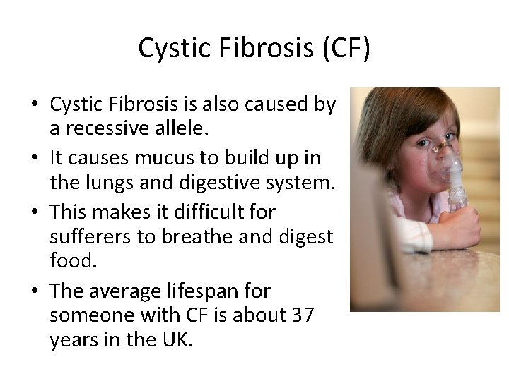 Cystic Fibrosis (CF) • Cystic Fibrosis is also caused by a recessive allele. •