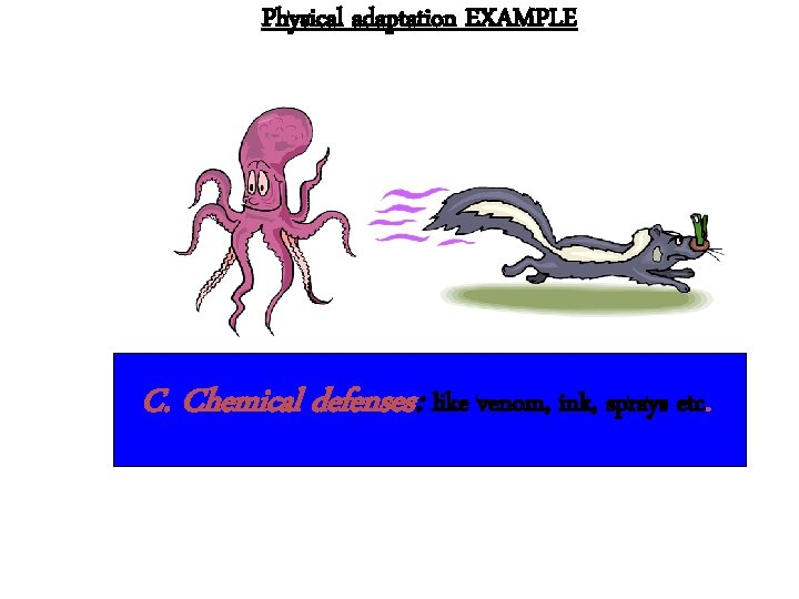 Physical adaptation EXAMPLE C. Chemical defenses: like venom, ink, sprays etc. 