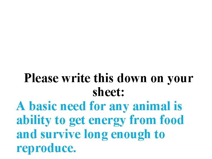 Please write this down on your sheet: A basic need for any animal is