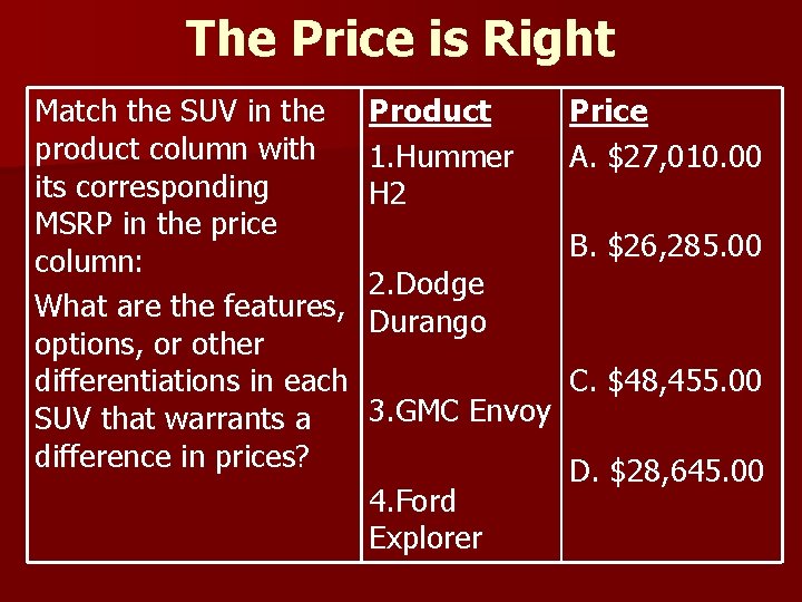 The Price is Right Match the SUV in the product column with its corresponding