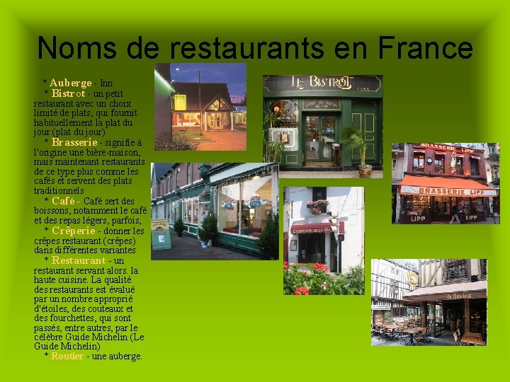 Noms de restaurants en France * Auberge - Inn * Bistrot - un petit