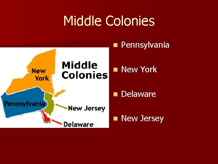 Middle Colonies n Pennsylvania n New York n Delaware n New Jersey 