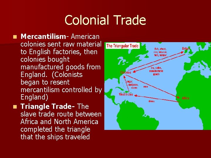 Colonial Trade Mercantilism- American colonies sent raw material to English factories, then colonies bought