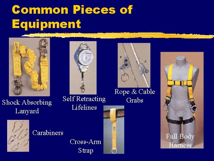 Common Pieces of Equipment Shock Absorbing Lanyard Self Retracting Lifelines Carabiners Cross-Arm Strap Rope