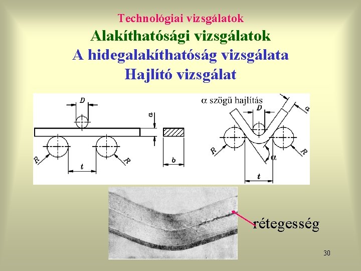 Technológiai vizsgálatok Alakíthatósági vizsgálatok A hidegalakíthatóság vizsgálata Hajlító vizsgálat rétegesség 30 