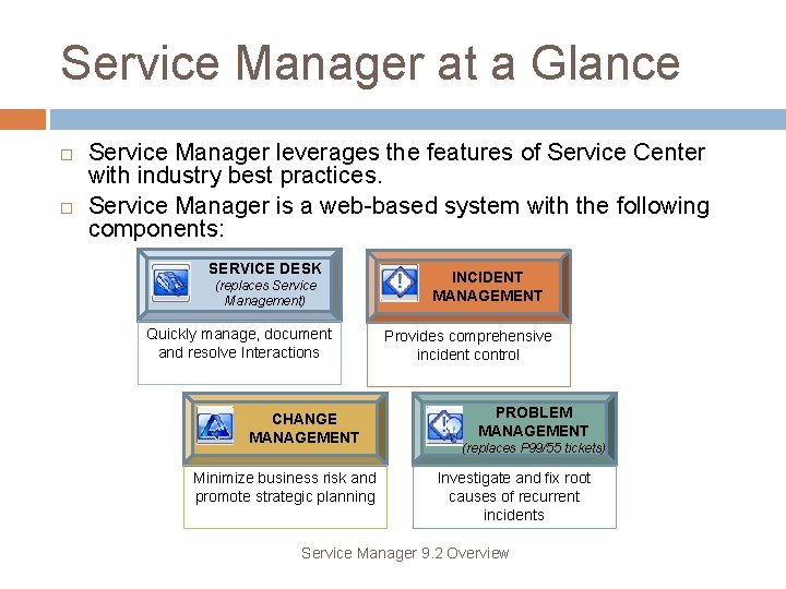 Service Manager at a Glance Service Manager leverages the features of Service Center with