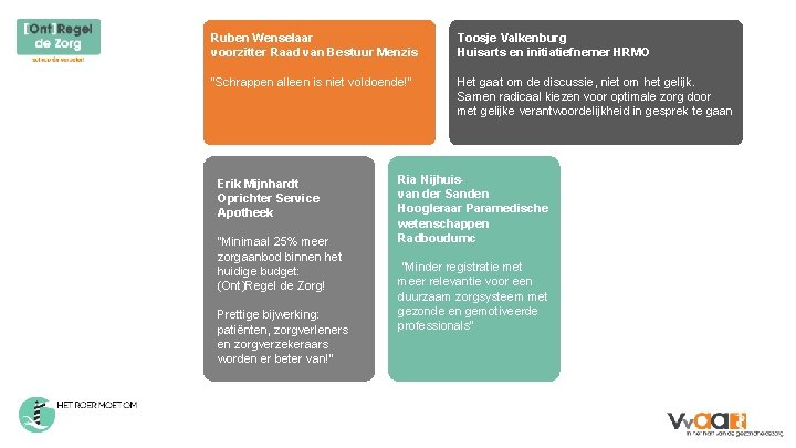 Ruben Wenselaar voorzitter Raad van Bestuur Menzis Toosje Valkenburg Huisarts en initiatiefnemer HRMO “Schrappen