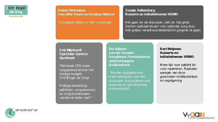 Ruben Wenselaar voorzitter Raad van Bestuur Menzis Toosje Valkenburg Huisarts en initiatiefnemer HRMO “Schrappen