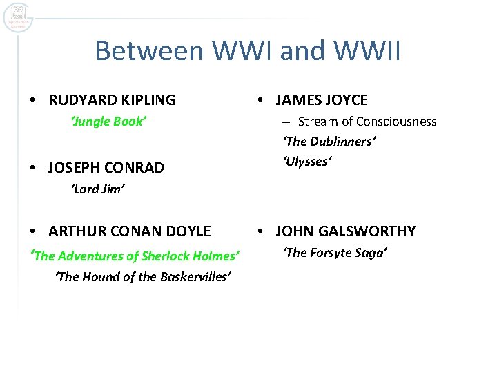 Between WWI and WWII • RUDYARD KIPLING ‘Jungle Book’ • JOSEPH CONRAD • JAMES