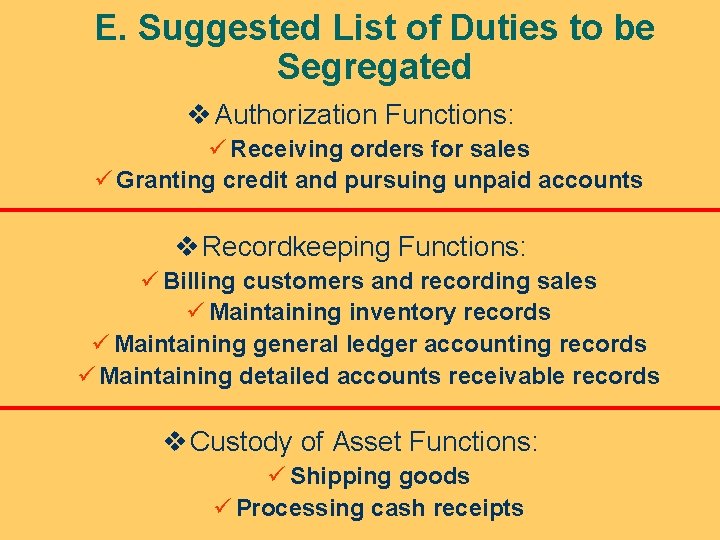 E. Suggested List of Duties to be Segregated v Authorization Functions: ü Receiving orders
