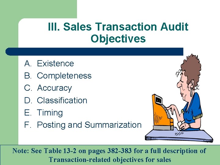 III. Sales Transaction Audit Objectives A. B. C. D. E. F. Existence Completeness Accuracy