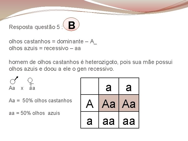 Resposta questão 5 : B olhos castanhos = dominante – A_ olhos azuis =