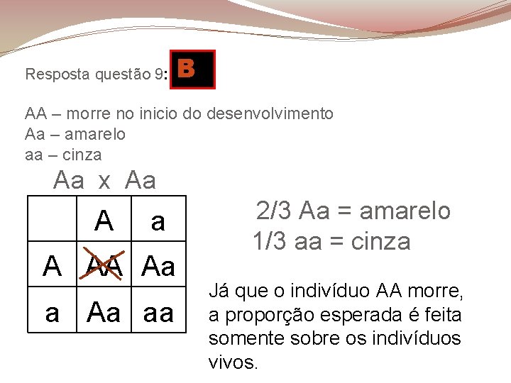 Resposta questão 9: B D AA – morre no inicio do desenvolvimento Aa –