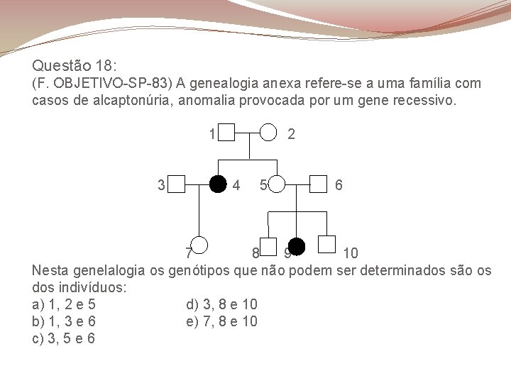 Questão 18: (F. OBJETIVO-SP-83) A genealogia anexa refere-se a uma família com casos de