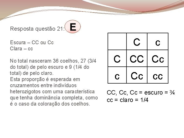 Resposta questão 21: E C Escura – CC ou Cc Clara – cc No