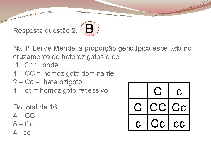 Resposta questão 2: B Na 1ª Lei de Mendel a proporção genotípica esperada no