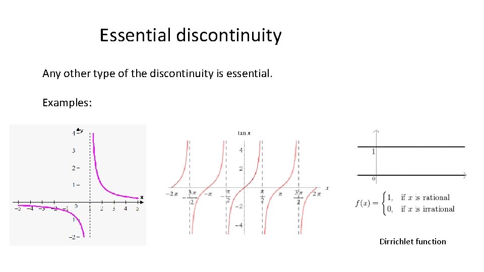 Essential discontinuity Any other type of the discontinuity is essential. Examples: Dirrichlet function 