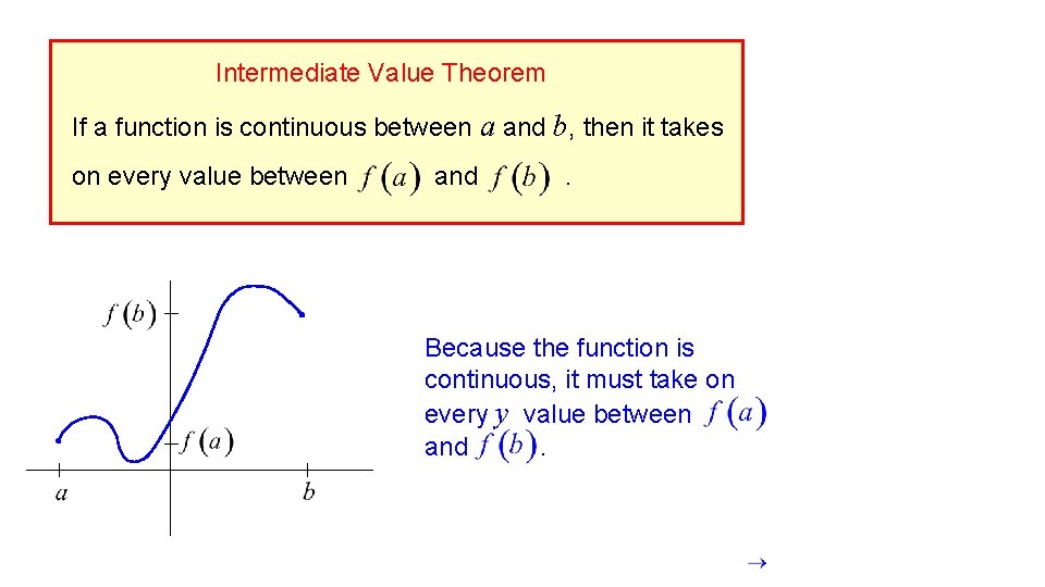 Intermediate Value Theorem If a function is continuous between a and b, then it