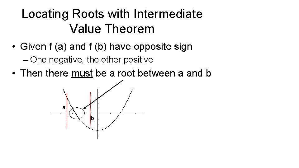 Locating Roots with Intermediate Value Theorem • Given f (a) and f (b) have