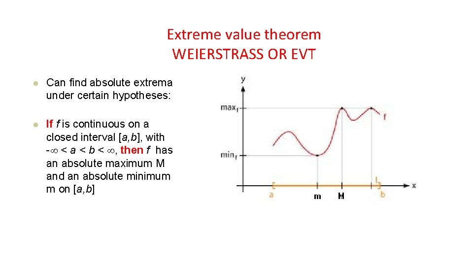 Extreme value theorem WEIERSTRASS OR EVT l Can find absolute extrema under certain hypotheses: